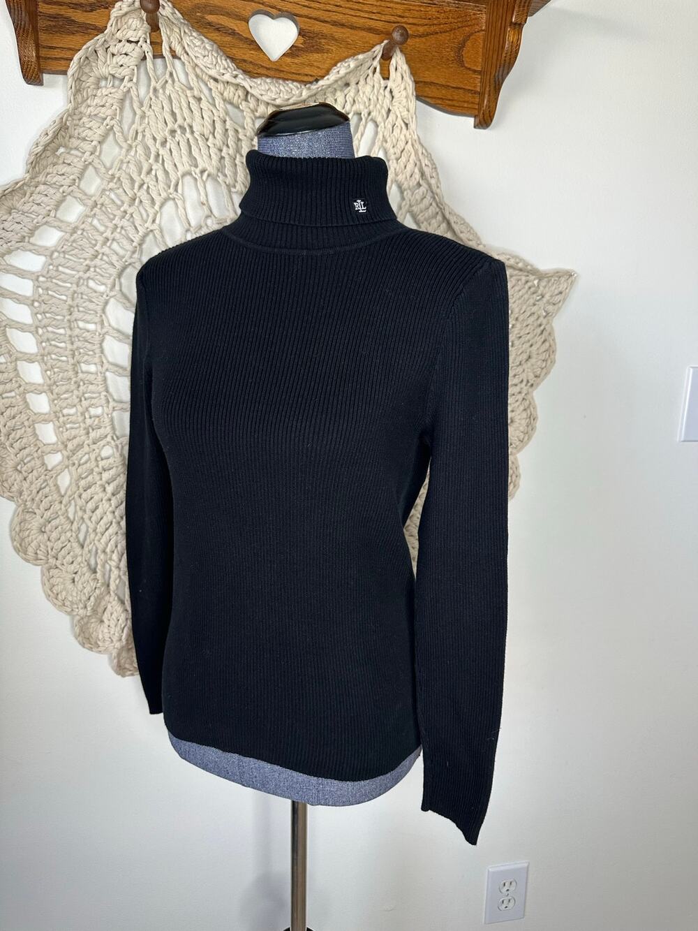 Lauren Ralph Lauren Black Cotton Ribbed Turtleneck Sweater Size Large